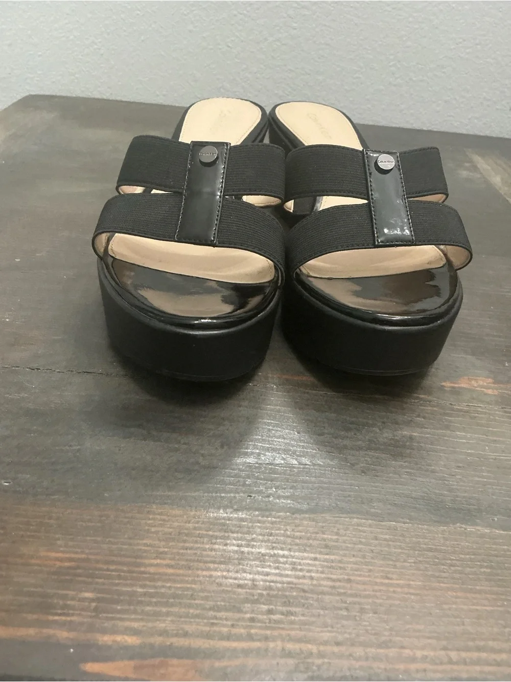 Calvin Klein Ying Black Stretchy Strap Platform Wedge Sandals Size 8.5